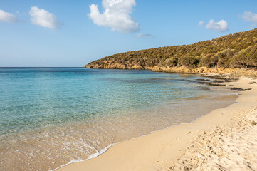 Aerial view of Tuerredda bay with the beach of fine sand and transparent blue and turquoise water