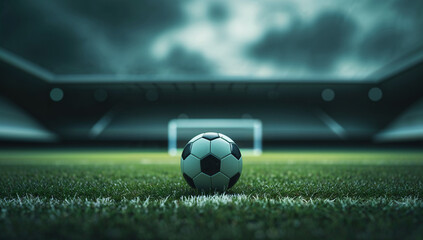 World Cup 2025, Close-Up of a Soccer Ball in a Stadium Illuminated by Bright Lights: Professional Soccer Match, Football Championship, Green Grass Field, Game Day Atmosphere, Soccer Kickoff Moment,