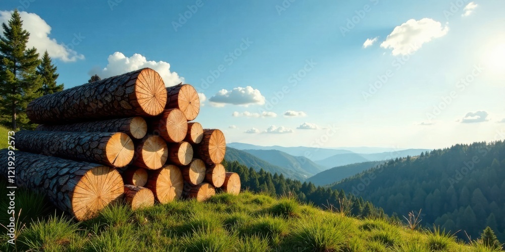 Poster stack of logs on a verdant hillside overlooking a serene mountain range under a bright sunny sky