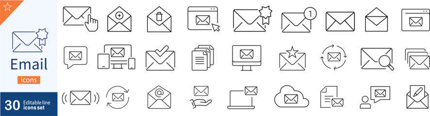 E-mail and Letter line icon set. Set of 30 outline icons related to mail, email, postal letter and others. Vector illustration. Linear icon collection. Email outline icon collection. Editable stroke. 