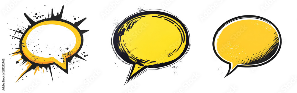 Aufkleber The image showcases three uniquely styled yellow speech bubbles against a black background suitable for graphic design projects.