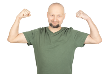 Confident man flexing his muscles and smiling at the camera