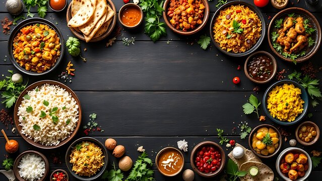 Indian food Curry butter chicken, Palak Paneer, Chiken Tikka, Biryani, Vegetable Curry, Papad, Dal, Palak Sabji, Jira Alu, Rice with Saffron on dark background