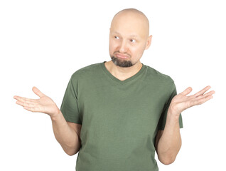 Confused man shrugging with raised hands and uncertain expression