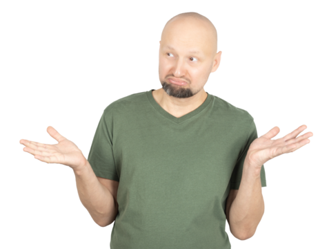 Confused man shrugging with raised hands and uncertain expression