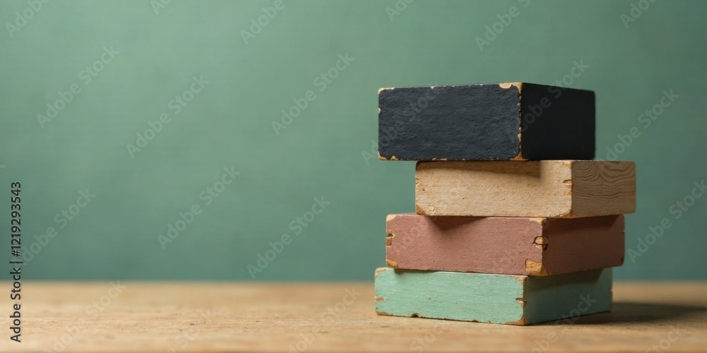 Poster A Stack of Distressed Wooden Blocks on a Rustic Surface Against a Green Background