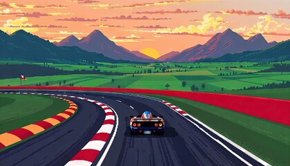 Racing car on a coastal road at sunset with colorful clouds in the sky in pixel art style. Generated AI