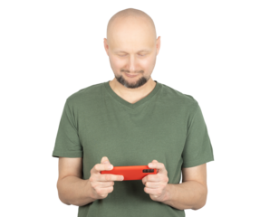 Engaged man holding smartphone horizontally and focusing on screen