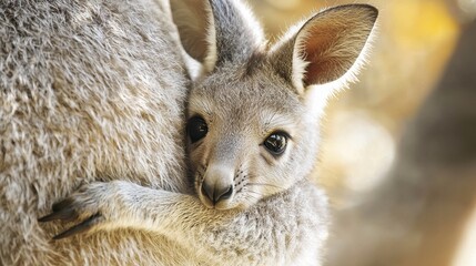 Fototapeta premium A baby kangaroo peeking out of its mother s pouch, on a white background
