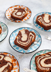 Homemade traditional marble pound cake.