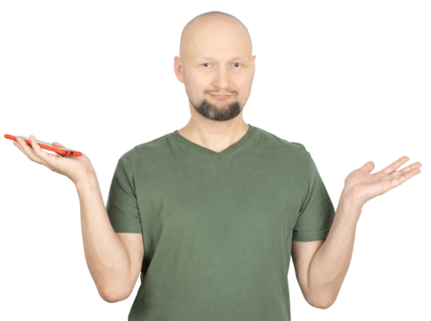 Man holding a red smartphone with a shrugging gesture
