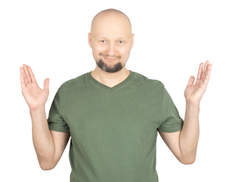 Man raising hands with a questioning expression