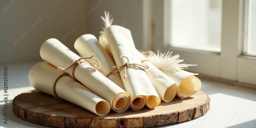 Poster sunlight illuminates a rustic wooden display featuring several elegantly rolled cream-colored papers