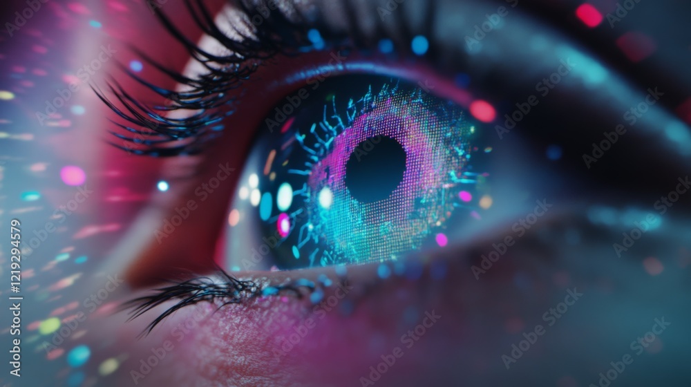 Poster Close up of a human eye with an iris displaying a futuristic digital interface, suggesting concepts of vision, technology, and data analysis in the field of ophthalmology or optometry
