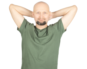 Relaxed bald man with hands behind his head