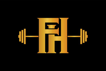 Obraz premium Letter F, H, FH OR HF Fitness Gym logo vector with golden color on black background.