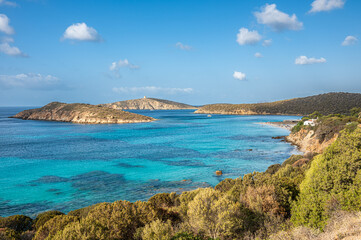 Aerial view of Tuerredda bay with the beach of fine sand and transparent blue and turquoise water