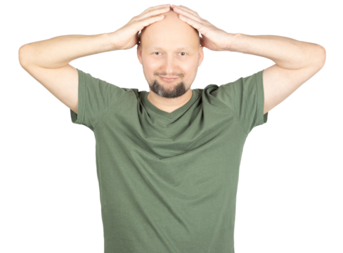 Relaxed man touching his head with both hands and smiling
