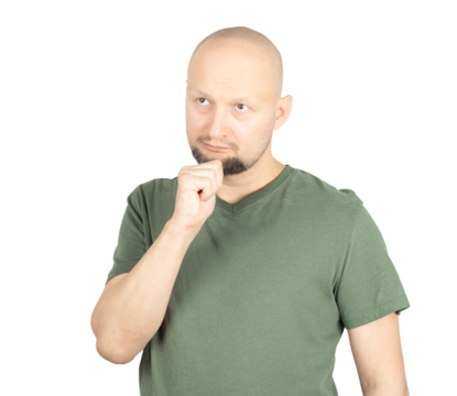 Serious man contemplating a decision with hand on chin