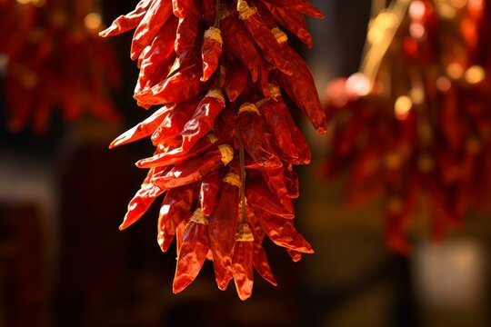Ripe red chili peppers hanging and drying, tied with twine, creating a vibrant culinary display