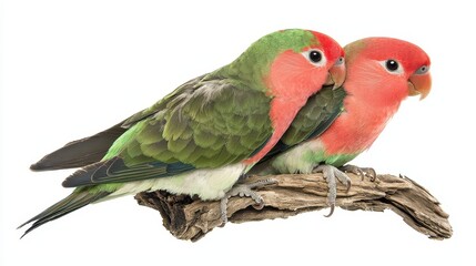 A pair of lovebirds sitting closely together on a branch, with bright green and red feathers, on a white isolated background
