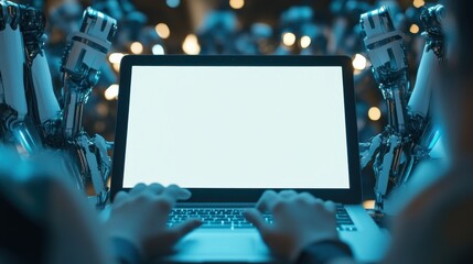 Over shoulder view of multicultural schoolkids building robots developing program for software robotics engineering typing using white empty screen laptop for STEM education advertising.