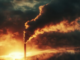 Fototapeta premium A nuclear energy facility emitting steam under a dramatic cloudy sky, emphasizing power generation and environmental concerns.
