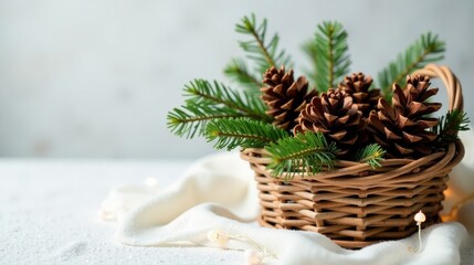 A charming wicker basket filled with pine cones and evergreen sprigs rests on a soft, white fabric, subtly illuminated by soft, ambient lighting, creating a cozy and festive winter scene.