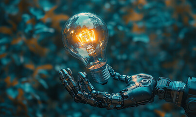 A robotic hand holds a glowing light bulb, symbolizing innovation and technology in a vibrant, abstract background.