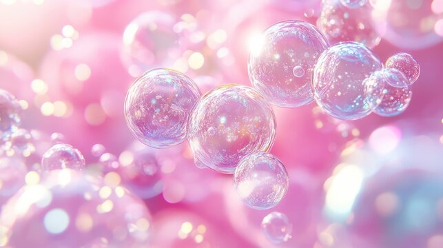 A close-up view of translucent pink bubbles of varying sizes,