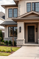 Fototapeta premium Modern Luxury Home Exterior: Contemporary Architecture and Design. Stunning Facade, Stonework, and Landscaping. Real Estate Property