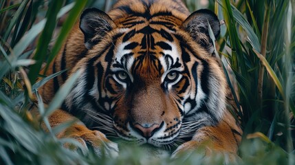 Fototapeta premium A tiger laying down in the grass, with its powerful body and intense eyes