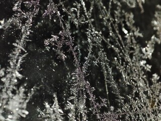 beautiful, magical ice frost on the window glass, beautiful cold frost pattern decorated fresh, cold morning for winter frosty, dark night
