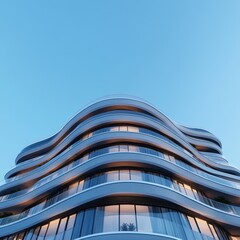Modern architectural design featuring a wavy facade against a clear blue sky.