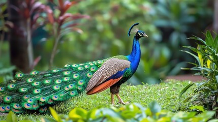 Obraz premium A beautiful peacock walking through a garden, with its colorful tail feathers fanned out