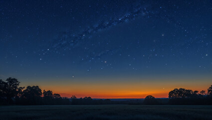 Naklejka premium Vibrant sunset fading into starry night sky over countryside field