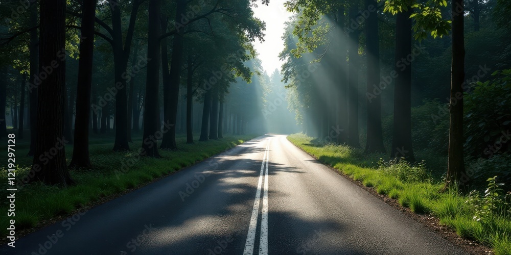 Poster sunlit path through a verdant forest canopy leading to an unknown destination