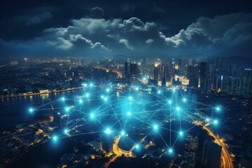 Fototapeta premium Network connecting buildings in illuminated cityscape at night under cloudy sky