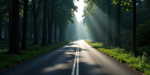Fototapeta premium Sunlit Path Through a Verdant Forest Canopy Leading to an Unknown Destination