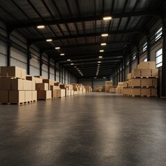 Spacious warehouse interior with stacked cardboard boxes ready for distribution.