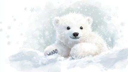 A polar bear cub playing in the snow, with snowflakes gently falling around it, on a white background