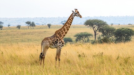 Fototapeta premium A giraffe standing tall with its long neck reaching for the trees, surrounded by tall grasses,