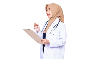 Female doctor with clipboard isolated transparent