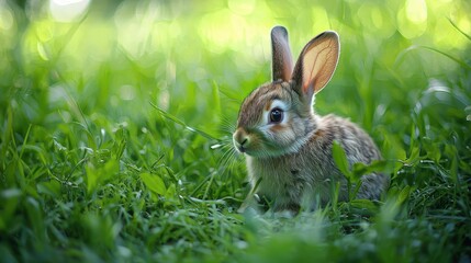 Obraz premium A baby rabbit sitting in a grassy meadow, with its big ears standing tall,