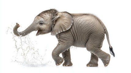 Obraz premium A chubby baby elephant playfully splashing water with its trunk, on a white isolated background