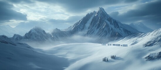 Obraz premium Majestic snow-covered mountains with a line of trees in a vast snowy landscape.