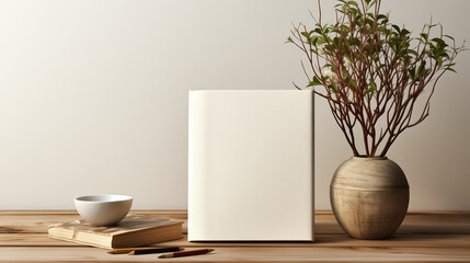 Minimalist decor with empty book, bowl, and potted plant