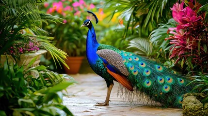 Obraz premium A peacock walking through a tropical garden, with its iridescent feathers shimmering,