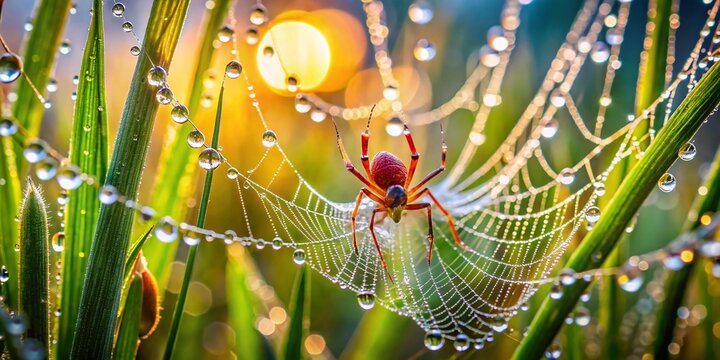 Red Spiderweb Dew Drops - Black-tailed Sheetweaver Spider in Grass