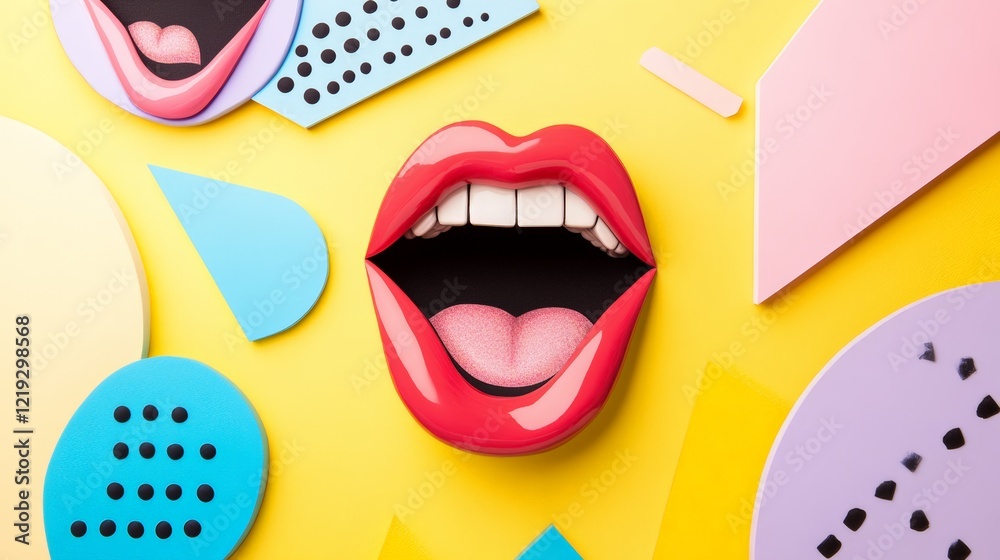 Poster open red lips revealing a tongue and perfect white teeth, surrounded by colorful geometric shapes ag